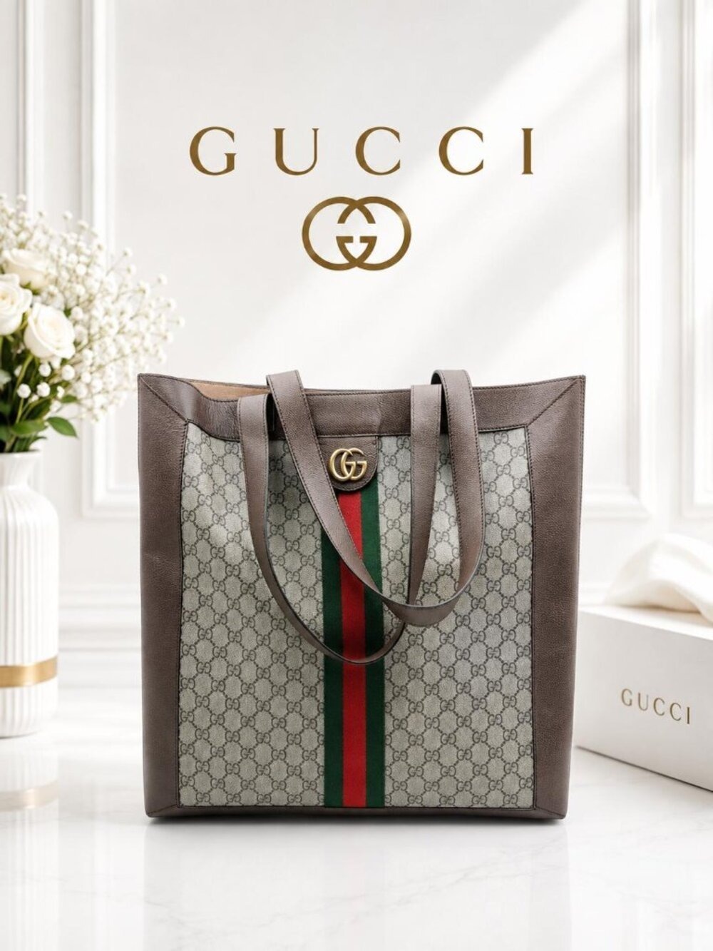 Authentic Gucci Ophidia GG Supreme Tote Web Stripe Double G Bag
